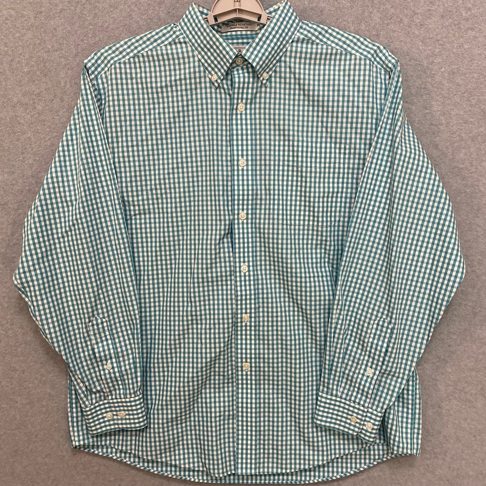 LL BEAN Mens Large Button Down Shirt Blue White Gingham Cotton Wrinkle Resistant